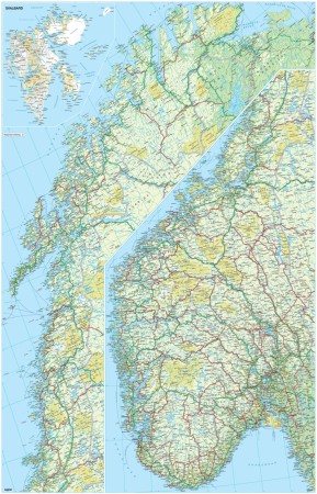 Veggkart over Norge med Svalbard i 1:1 mill. - plakatformat 70 x 100 cm